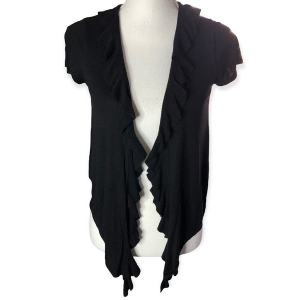 White House Black Market Short Sleeve Silk Blend Frilly Open Front Cardigan